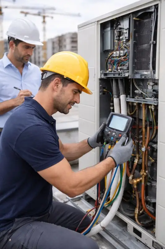 בדיקה מקצועית של מערכת VRF במהלך התקנה לאיתור טעויות תכנון וחיבור