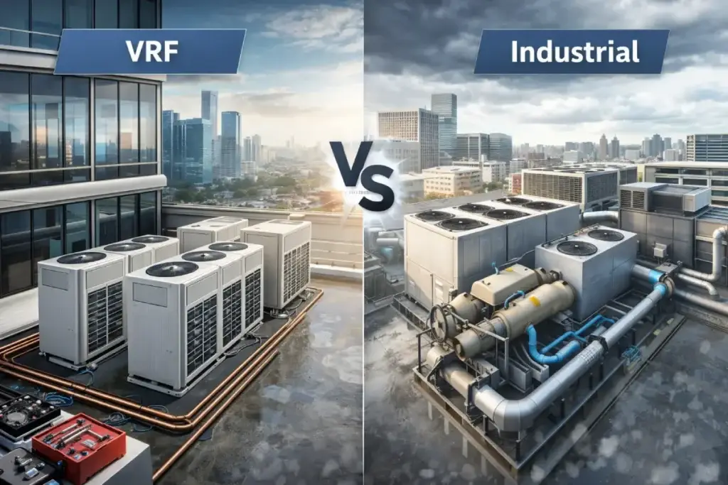 השוואה בין מערכת מיזוג VRF לבין מערכת מיזוג תעשייתית על גג מבנה מסחרי.
