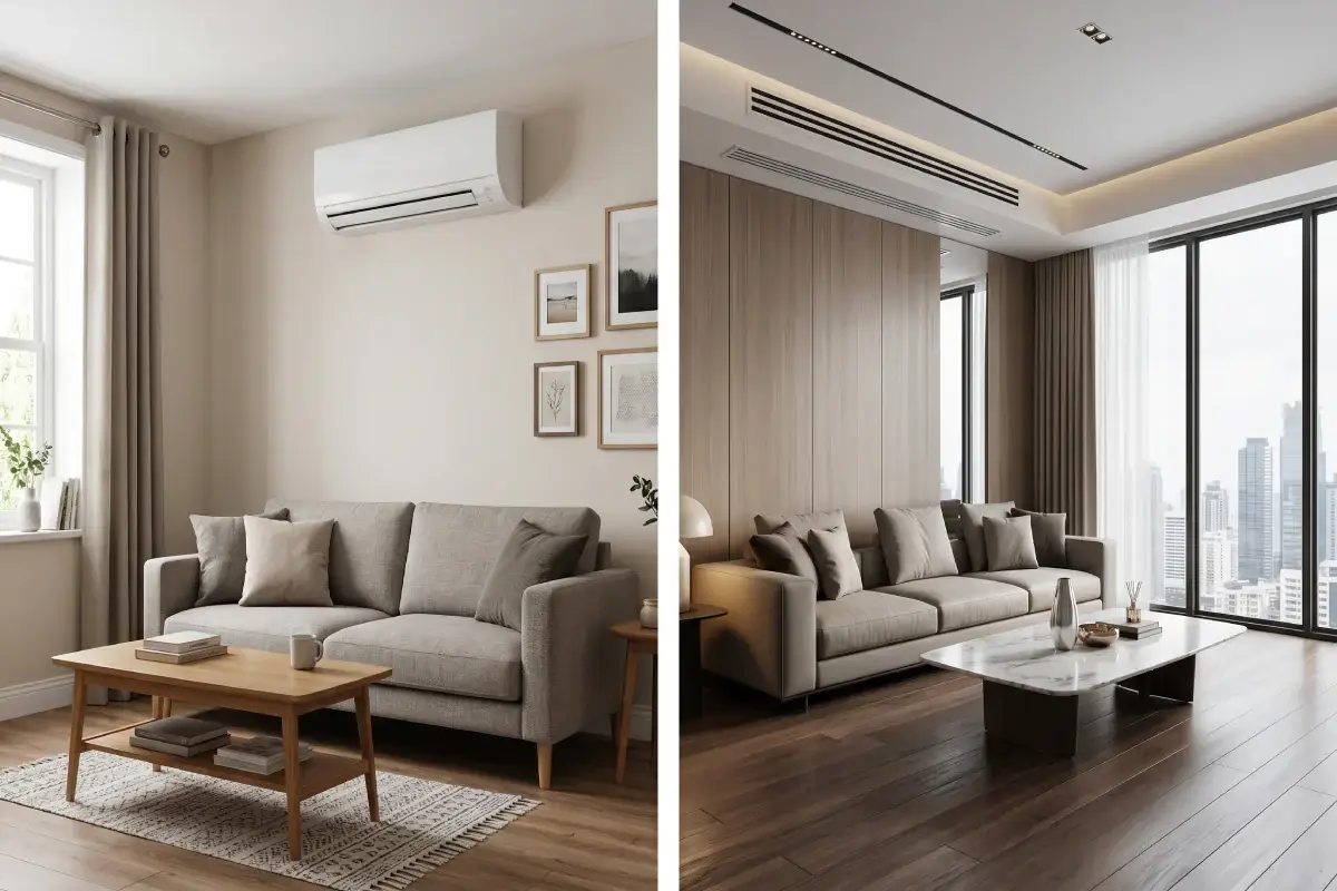 תמונת השוואה בין מזגן עילי לבן רגיל (Multi Inverter) המותקן על קיר, לבין מערכת מיזוג VRF נסתרת עם גרילים שחורים דקורטיביים בתקרה המעוצבת של סלון מודרני.